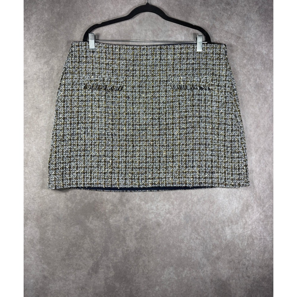 LOFT Skirt Women 18 Navy Gold Metallic Tweed Plaid Mini Professional Holiday NEW